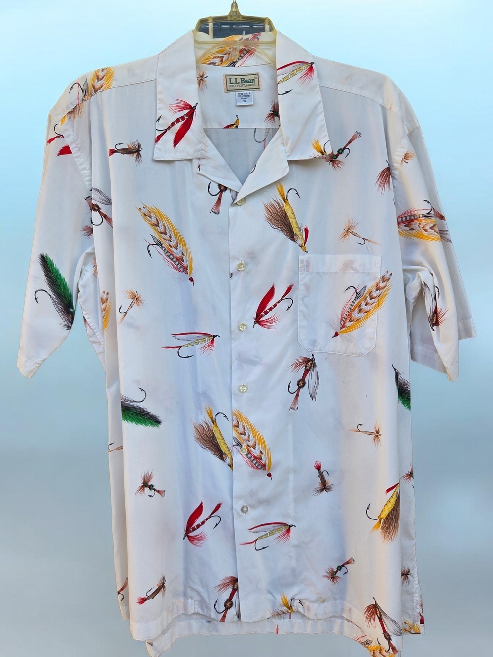 L.L. Bean White Short-Sleeve Camp Shirt with Multicolor Fishing Fly Print